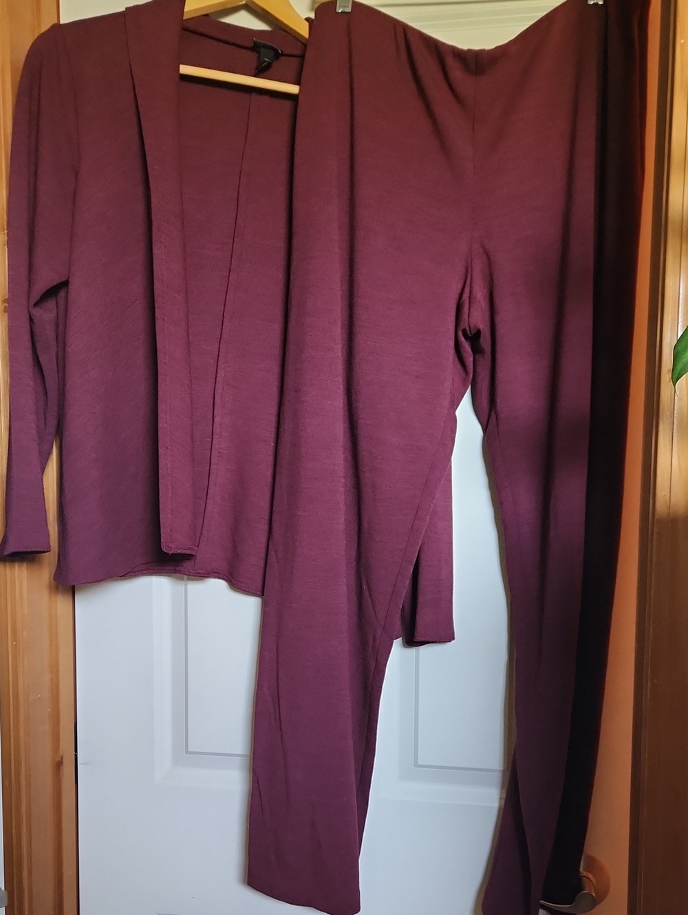 Eileen Fisher Maroon Open-Front Cardigan and Matching Pants Set - Large